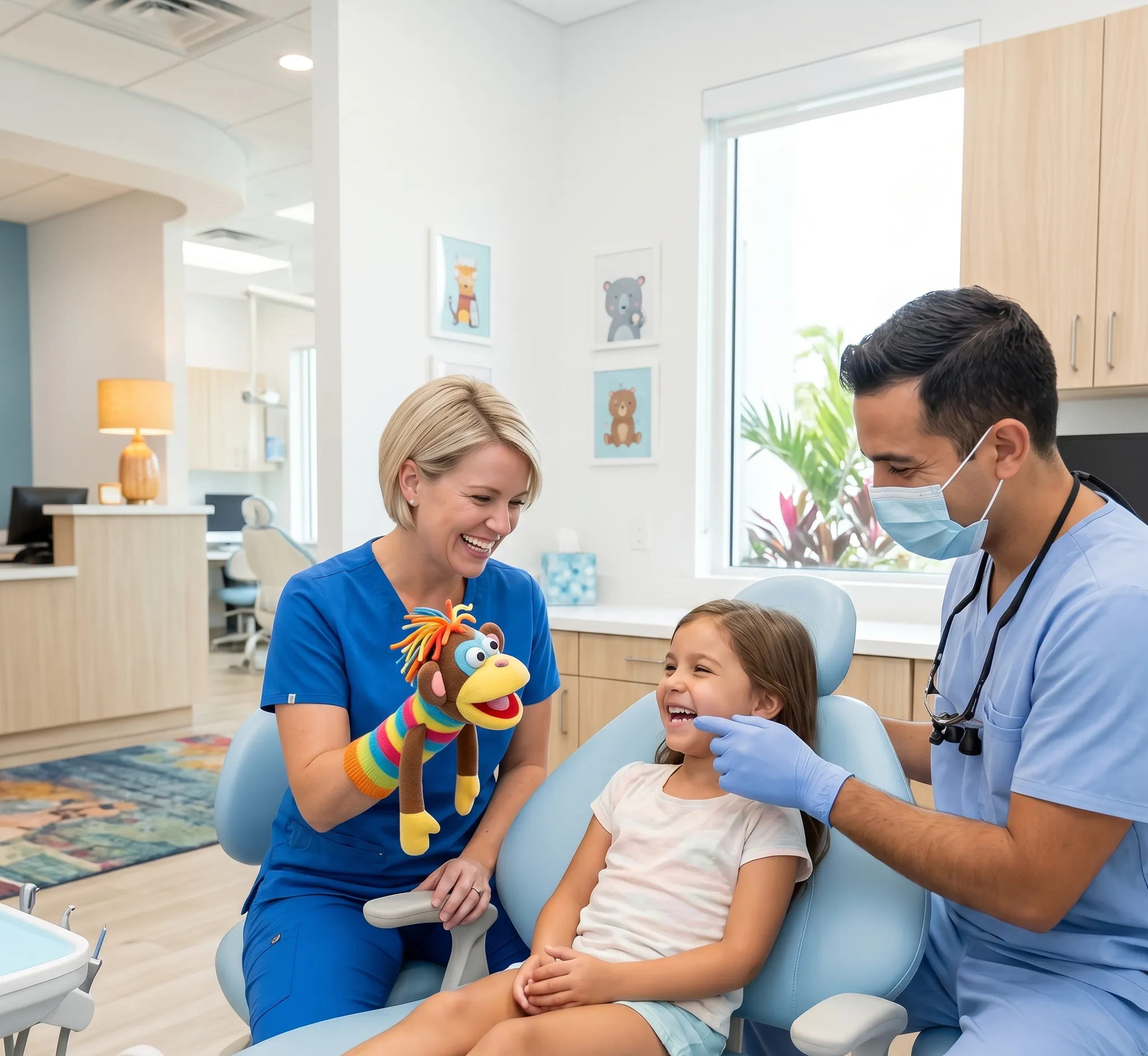 Child laughing with a hand puppet at a pediatric dental visit