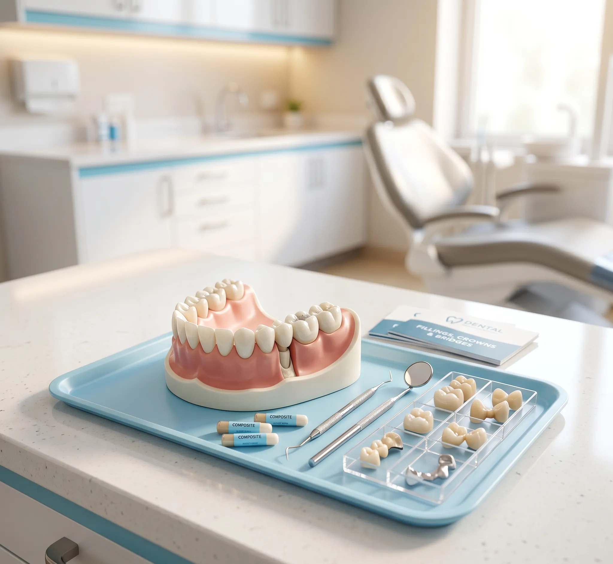 Close-up of a tooth-colored composite filling being placed on a molar