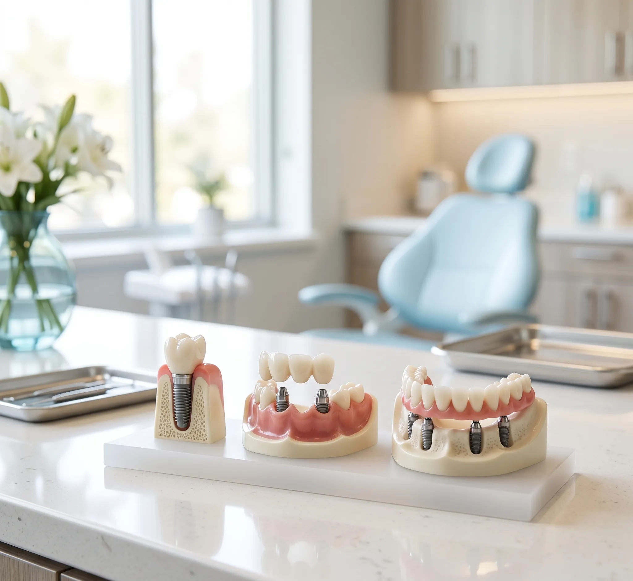 Dental implant models showing single-tooth, bridge, and full-arch options