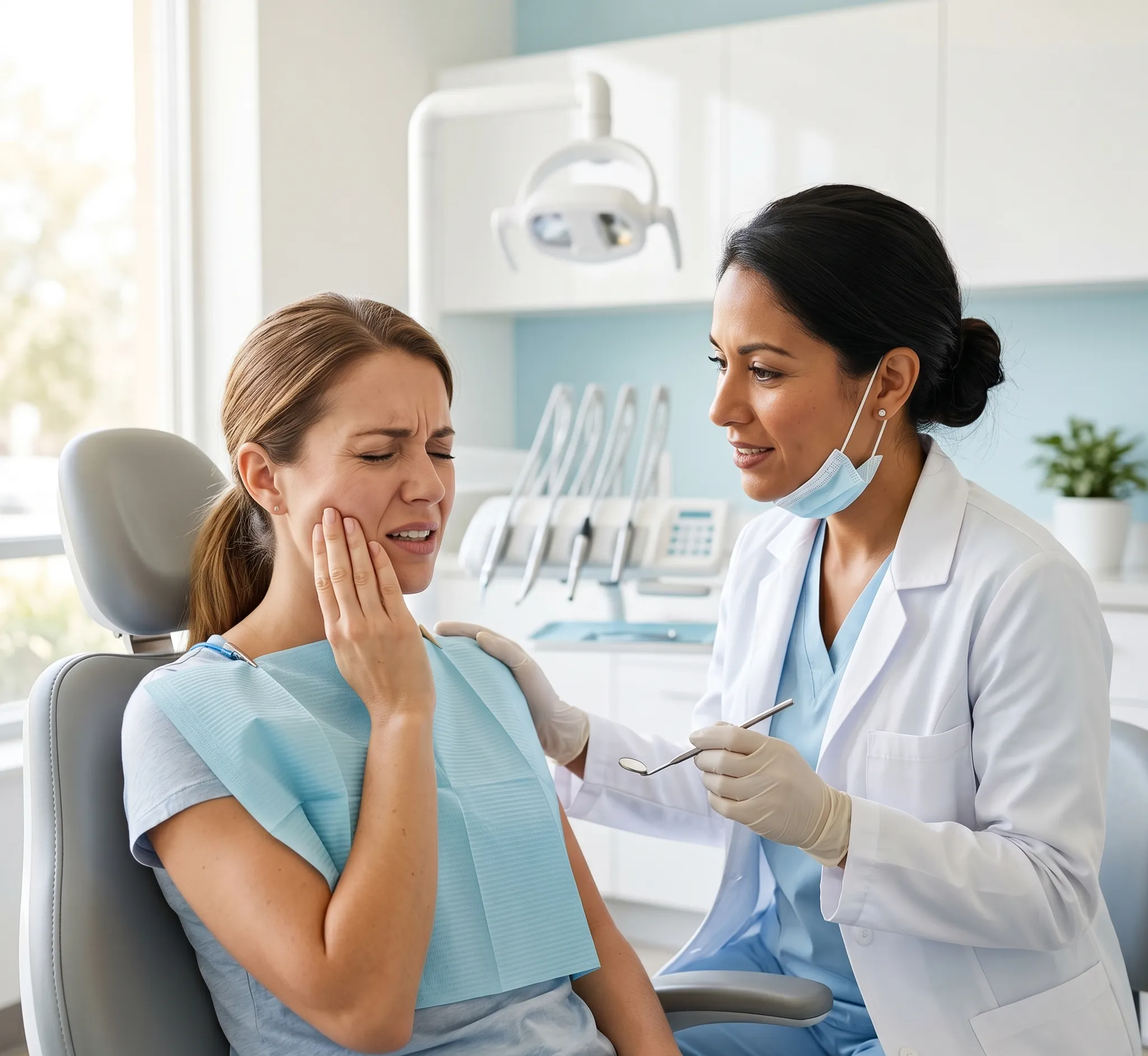 Patient in dental chair receiving urgent toothache consultation